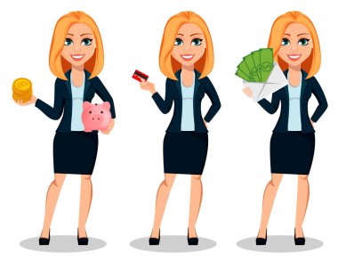 İş kadını office tarzı giysiler içinde üç pozlar ayarlayın. Modern Bayan işkadını tutan bitcoins ve piggy banka, kredi kartı tutan ve nakit tutar. Neşeli çizgi film karakteri. Vektör çizim