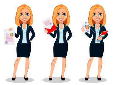 İş kadını office tarzı giysiler içinde üç pozlar ayarlayın. Modern Bayan işkadını belge tutar, zarf tutar ve rozet tutar. Neşeli çizgi film karakteri. Vektör çizim