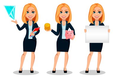 İş kadını office tarzı giysiler içinde üç pozlar ayarlayın. Modern Bayan işkadını hologram gösterir, bitcoins tutar ve boş afişini tutar. Neşeli çizgi film karakteri. Vektör çizim