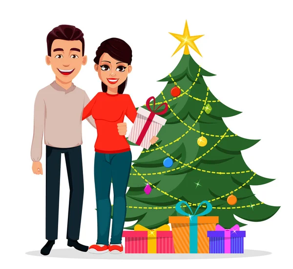 Carte Voeux Noël Nouvel Avec Joli Jeune Couple Debout Près — Image vectorielle