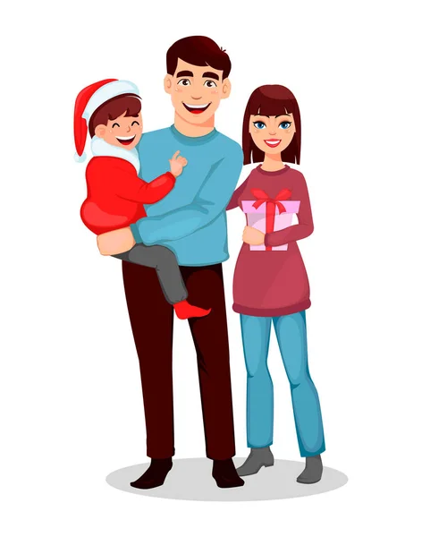圣诞和新年贺卡与幸福的家庭 向量例证在白色背景 — 图库矢量图片