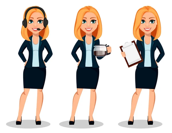 Mujer Negocios Ropa Oficina Conjunto Tres Poses Mujer Negocios Moderna — Vector de stock