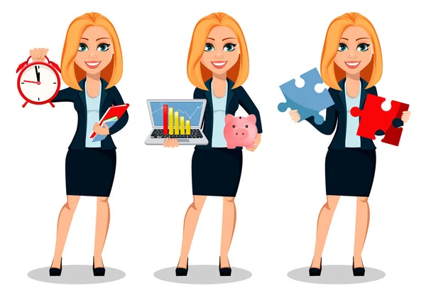 Mujer Negocios Ropa Oficina Conjunto Tres Poses Empresaria Moderna Sostiene — Vector de stock