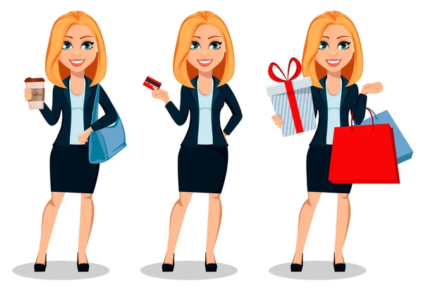 Affärskvinna Office Stil Kläder Uppsättning Tre Poser Modern Lady Affärskvinna — Stock vektor