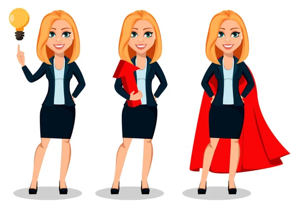 Zakenvrouw Office Stijl Kleding Set Van Drie Houdingen Moderne Dame — Stockvector