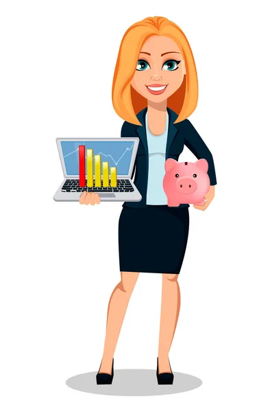 Geschäftsfrau Bürokleidung Moderne Geschäftsfrau Mit Laptop Und Sparschwein Fröhliche Zeichentrickfigur — Stockvektor