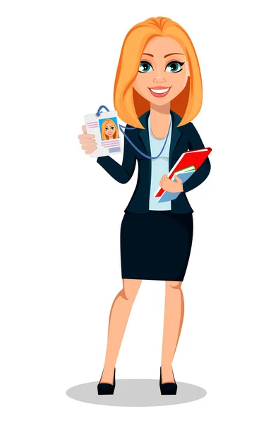 ビジネス ウーマン スタイルのオフィスの服 バッジとドキュメントを保持している現代の女性実業家 陽気な漫画のキャラクター 白の背景にベクトル画像 — ストックベクタ