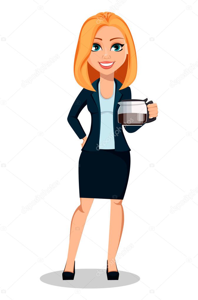 Business woman in office style clothes. Modern lady businesswoman holding coffee pot. Cheerful cartoon character. Vector illustration on white background.