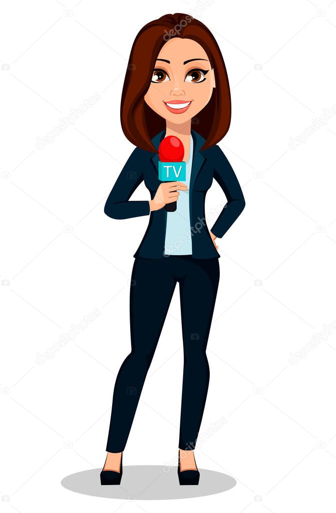 Journalist woman. Beautiful lady reporter holding microphone. Vector illustration on white background.