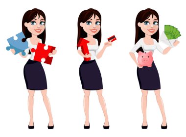 Kahverengi saçlı, çizgi film karakteri office stili kıyafetler kavramı bir iş kadını. Üç pozlar kümesi. İşkadını bulmaca tutar, kırmızı ok tutar ve para tutar. Vektör çizim.