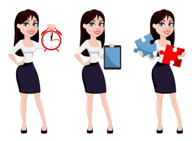 Kahverengi saçlı, çizgi film karakteri office stili kıyafetler kavramı bir iş kadını. Üç pozlar kümesi. Modern Bayan işkadını saat tutar, tablet tutar ve bulmaca tutar. Vektör çizim.