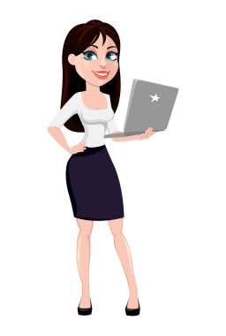 Kahverengi saçlı, çizgi film karakteri office stili kıyafetler kavramı bir iş kadını. Modern Bayan işkadını laptop tutar. Beyaz arka plan üzerinde izole vektör çizim