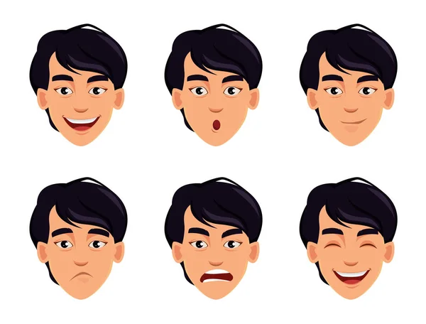 Expressions Faciales Homme Asiatique Différentes Émotions Masculines Beau Personnage Dessin — Image vectorielle