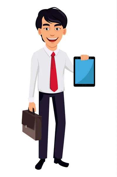 亚洲商人 卡通人物的概念在办公室风格的衣服 英俊的商人拿着公文包和平板电脑 向量例证在白色背景 — 图库矢量图片