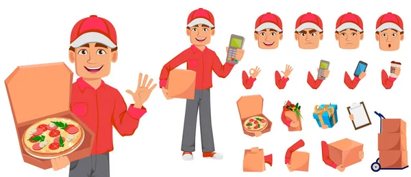 Mensageiro Uniforme Vermelho Bonito Entregador Personagem Desenhos Animados Pacote Partes — Vetor de Stock