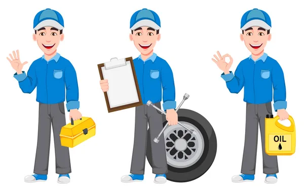 Profesional Mecánico Automóviles Uniforme Conjunto Tres Poses Sonriente Personaje Dibujos — Vector de stock