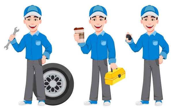 Mecânico Automóvel Profissional Uniforme Conjunto Três Poses Personagem Desenho Animado —  Vetores de Stock