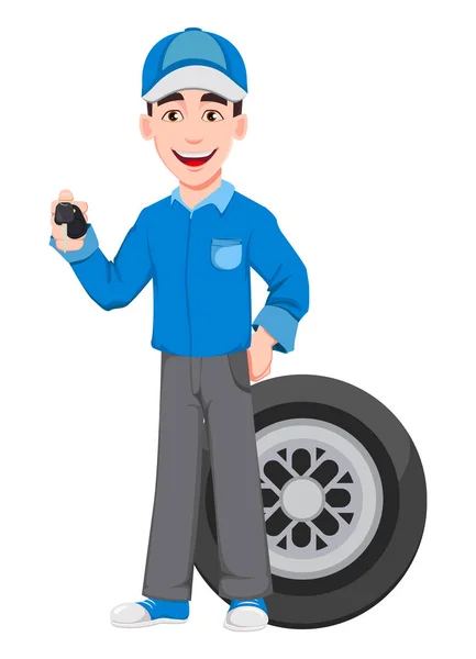 Professional Auto Mechanic Uniform Smiling Cartoon Character Stands Wheel Holds — Stock Vector