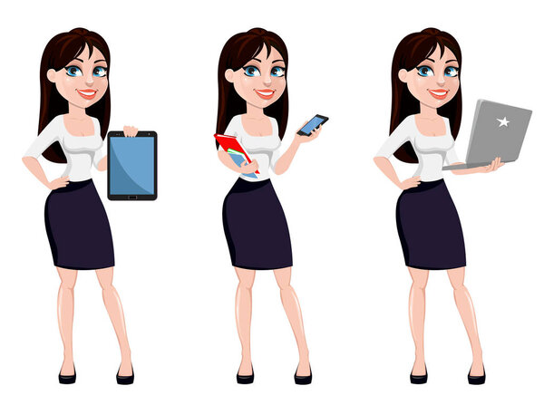 Деловая женщина с каштановыми волосами, концепция персонажа мультфильма в офисной одежде. Набор из трех поз. Деловая женщина держит планшет, смартфон и ноутбук. Векторная иллюстрация
.