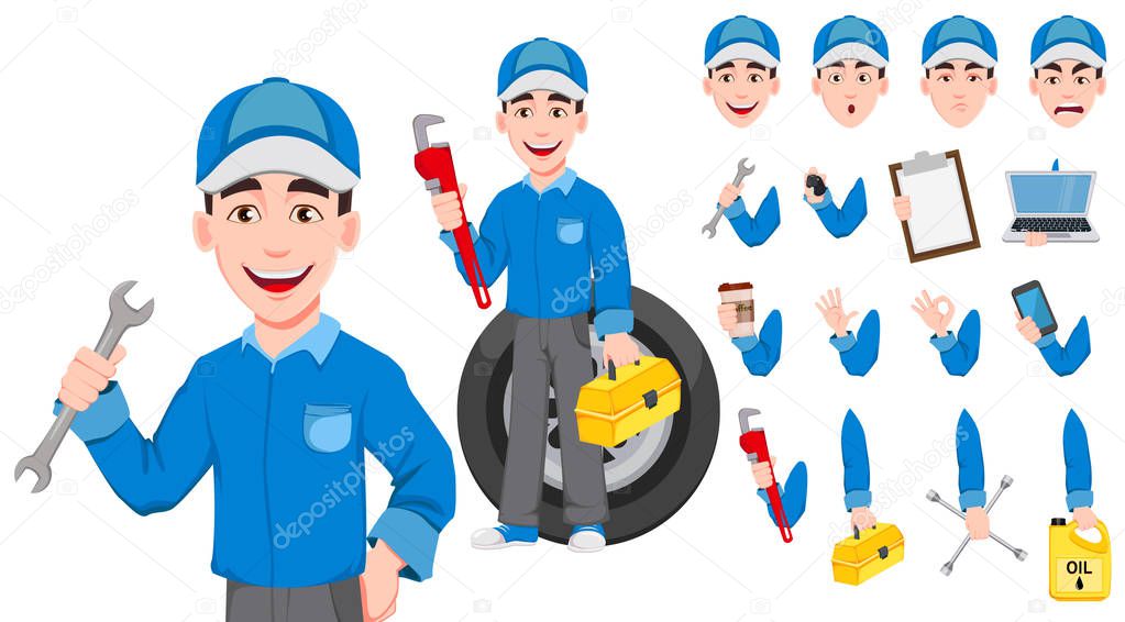 Professional auto mechanic in uniform. Expert service worker. Handsome cartoon character creation set. Pack of body parts, emotions and things. Build your personal design. Vector illustration
