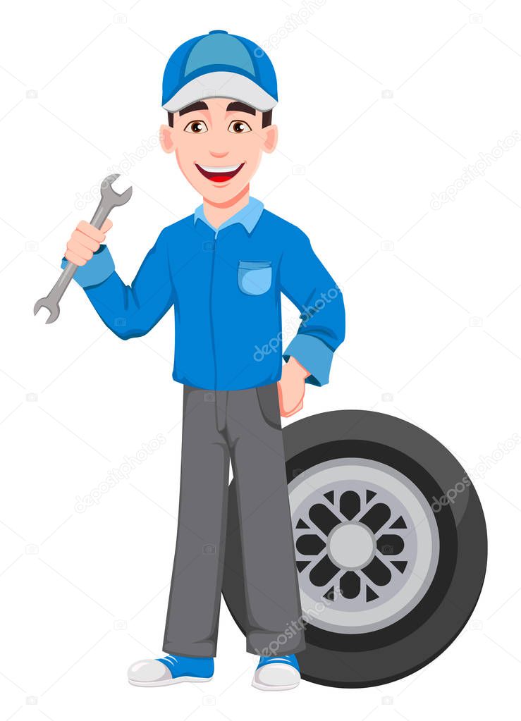Professional auto mechanic in uniform. Smiling cartoon character stands near wheel and holds wrench. Expert service worker. Vector illustration