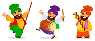 Popüler kış Punjabi halk festivalin Lohri. Komik Sih adam kutluyor tatil, Satılık, afiş, poster, çizgi film karakteri üç pozlar ayarlayın. Vektör çizim