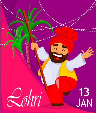 Popüler kış Punjabi halk festivalin Lohri. Komik Sih adam kutluyor tatil. Dans neşeli çizgi film karakteri. Vektör çizim parlak renkli arka plan üzerinde
