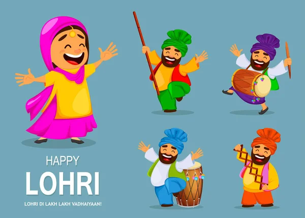 人気のある冬のパンジャブ語民俗祭り Lohri 面白いインド男女シーク教徒の祝日を祝います 漫画のキャラクター ダンス つのポーズのセット バナー ポスター ベクトル図 — ストックベクタ