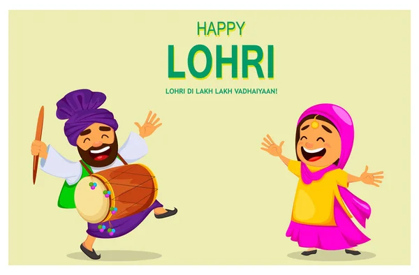人気のある冬のパンジャブ語民俗祭り Lohri 面白いインド男女シーク教徒の祝日を祝います 漫画のキャラクターが踊る バナー ポスター ベクトル図 — ストックベクタ