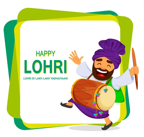 人気のある冬のパンジャブ語民俗祭り Lohri 面白いシーク人祝う休日 ドラムとダンスの陽気な漫画のキャラクター 抽象的な背景のベクトル図 — ストックベクタ