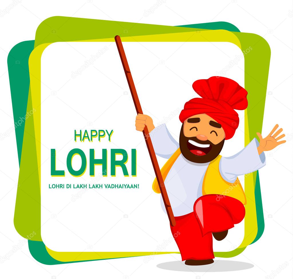 Popular winter Punjabi folk festival Lohri. Funny Sikh man celebrating holiday. Cartoon character dancing with stick. Vector illustration on abstract background 
