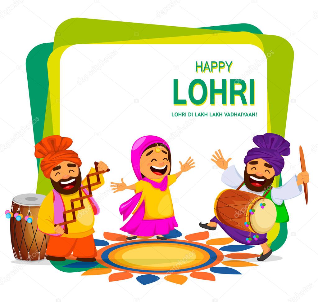 Popular winter Punjabi folk festival Lohri. Funny Indian woman and two Sikh men celebrating holiday. Cartoon characters dancing. Vector illustration