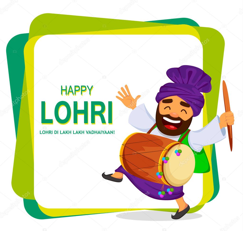 Popular winter Punjabi folk festival Lohri. Funny Sikh man celebrating holiday. Cheerful cartoon character dancing with drum. Vector illustration on abstract background 