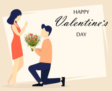 Sevgililer günü. Çift aşk, romantik an, onun sevgili kadın çiçek veren genç adam. 8 Mart Kadınlar Günü için kullanılabilir. Vektör çizim