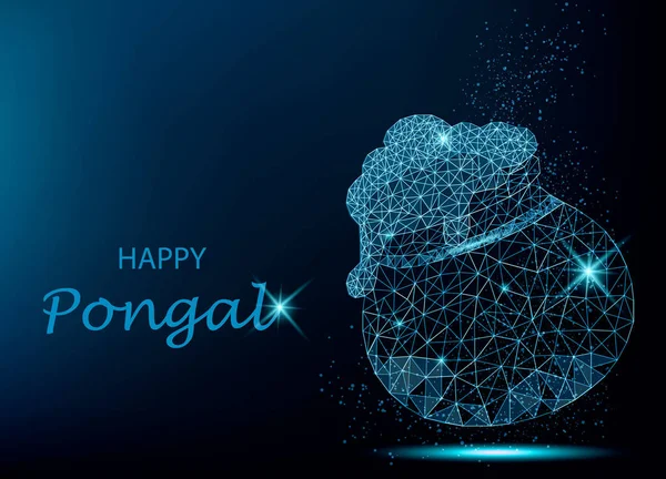 Happy Pongal Greeting Card Beautiful Polygonal Pot Blue Background Makar — Stock Vector