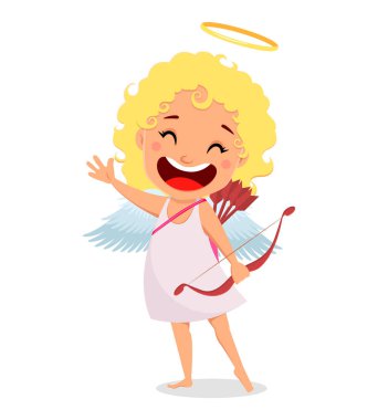 Eros aşk yay ve ok tutar ve el, sevimli kız çizgi film karakteri dalgalar. Mutlu sevgililer günü tebrik kartı. Beyaz arka plan üzerinde vektör çizim