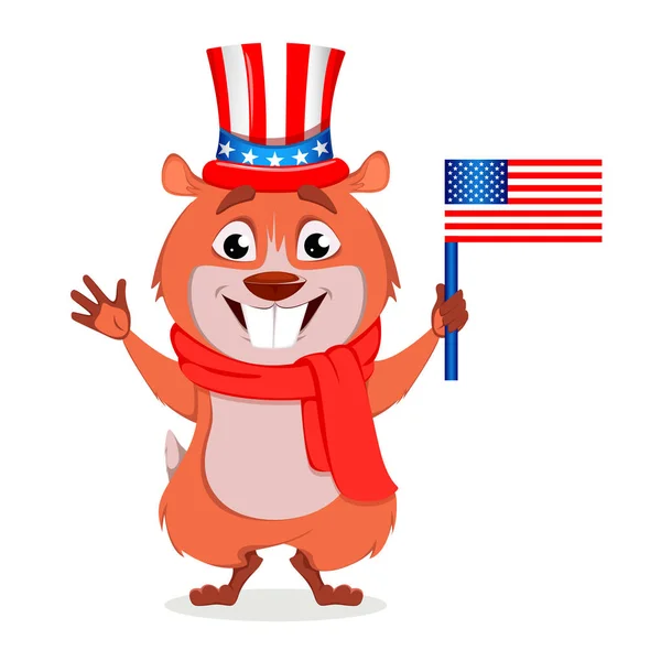 Boldog Idétlen Időkig Vicces Mormota Uncle Sam Kalapot Visel Gazdaság — Stock Vector