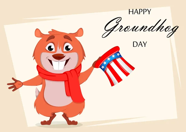 Happy Groundhog Day Greeting Card Funny Marmot Holding Uncle Sam — Stock Vector