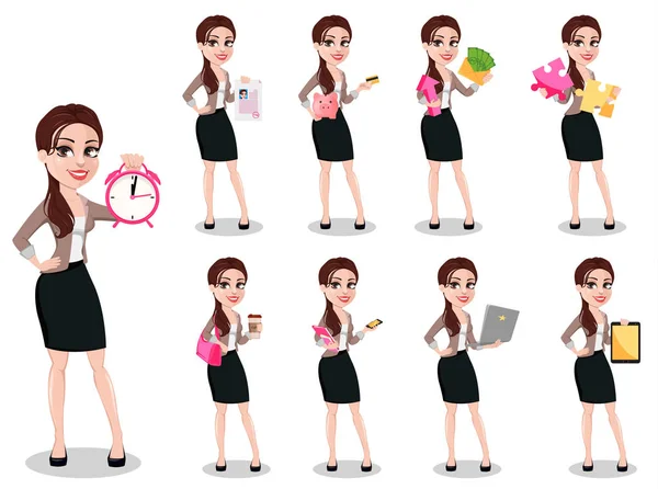 Business Woman Casual Clothes Set Nine Poses Beautiful Businesswoman Cartoon — Stock Vector
