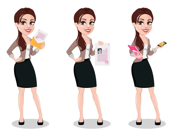 Geschäftsfrau Lässiger Kleidung Drei Posen Schöne Geschäftsfrau Cartoon Figur Hält — Stockvektor
