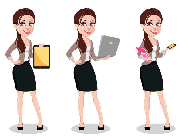 Geschäftsfrau Lässiger Kleidung Drei Posen Schöne Geschäftsfrau Zeichentrickfigur Hält Tablet — Stockvektor