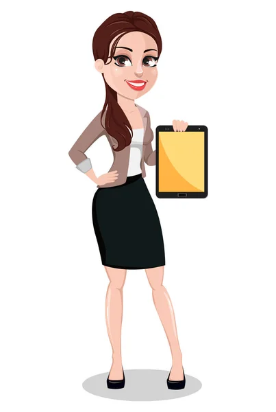 Geschäftsfrau Lässiger Kleidung Schöne Geschäftsfrau Zeichentrickfigur Hält Tablette Vektorillustration — Stockvektor