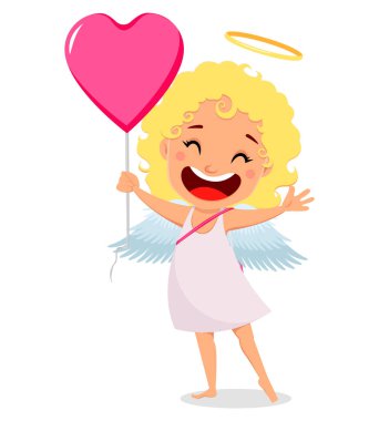 Cupid büyük pembe balon bir kalp şeklinde tutar. Sevimli kız çizgi film karakteri. Mutlu sevgililer günü tebrik kartı. Beyaz arka plan üzerinde vektör çizim