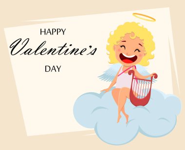 Aşk tanrısı ARP tutar ve bulut üzerinde oturur. Sevimli kız çizgi film karakteri. Mutlu sevgililer günü tebrik kartı. Vektör çizim