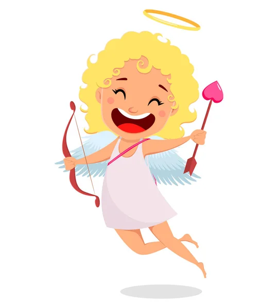 Cupido Voa Detém Arco Amor Flecha Personagem Bonito Desenho Animado — Vetor de Stock