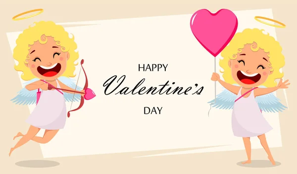 Šťastný Valentines Den Blahopřání Cupid Drží Luk Šípy Amor Drží — Stockový vektor