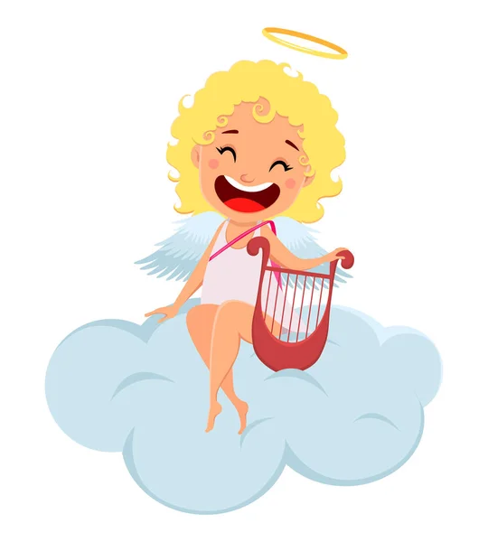 Cupido Segura Harpa Senta Nuvem Personagem Desenho Animado Menina Bonito — Vetor de Stock