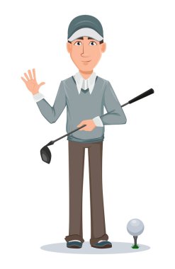 Golf oyuncu, yakışıklı golfçü. Karikatür karakter holding golf kulübü ve sallanan el. Beyaz arka plan üzerinde vektör çizim
