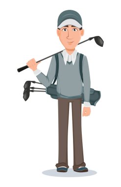 Golf oyuncu, yakışıklı golfçü. Karikatür karakter holding golf kulübü ve çanta kulüpleri ile. Beyaz arka plan üzerinde vektör çizim