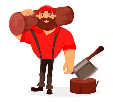 Oduncu. Yakışıklı logger holding büyük günlük. Çizgi film karakteri. Beyaz arka plan üzerinde vektör çizim. 